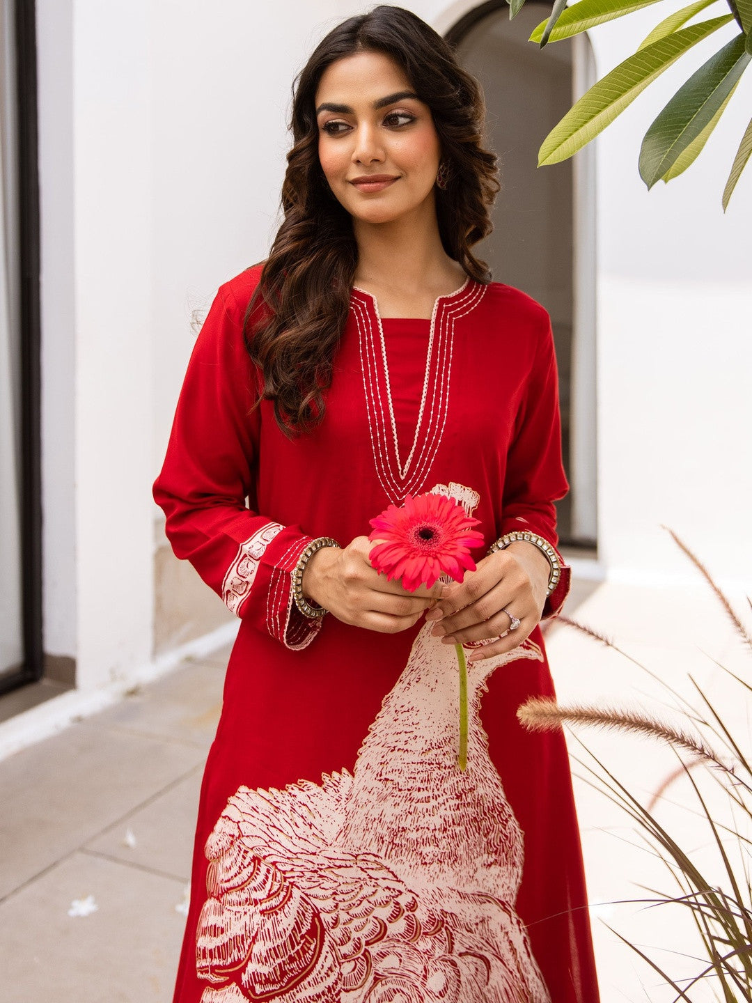 Birds Printed Notch Neck Thread Work Kurta With Palazzos