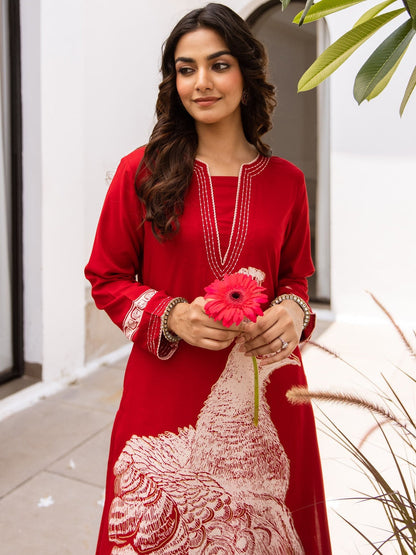 Birds Printed Notch Neck Thread Work Kurta With Palazzos
