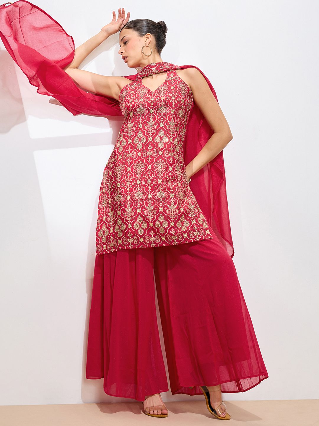 Dhiyona KL Women Ethnic Motifs Embroidered Kurti with Sharara & With Dupatta