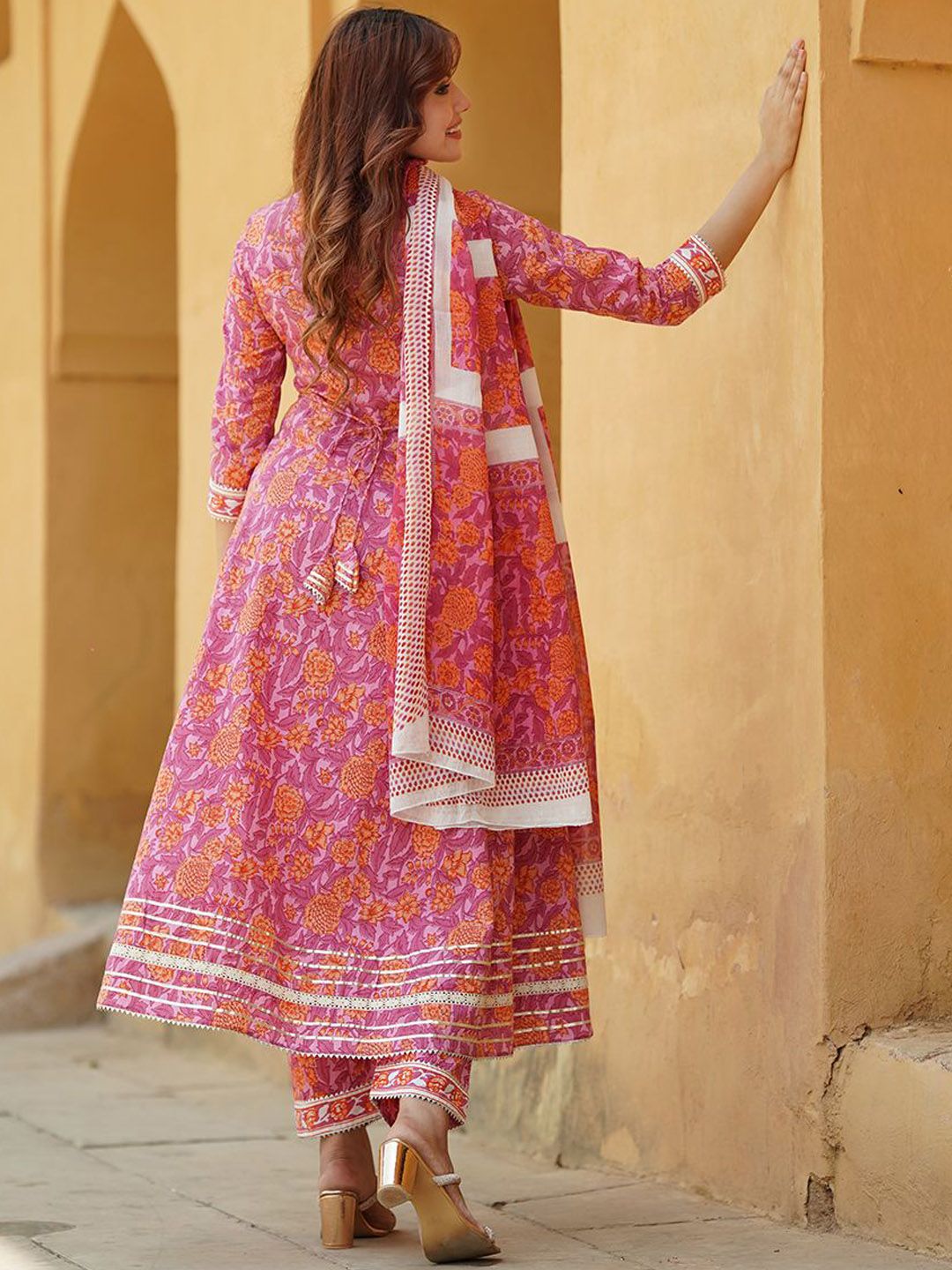 Dhiyona KL Floral Angrakha Gotta Patti Pure Cotton Anarkali Kurta with Trousers & Dupatta