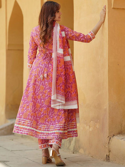 Dhiyona KL Floral Angrakha Gotta Patti Pure Cotton Anarkali Kurta with Trousers & Dupatta