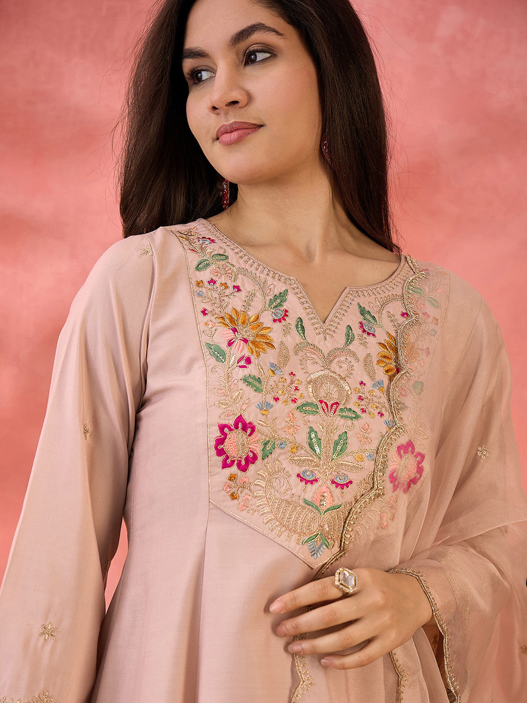 Beige Floral Yoke Design Notch Neck A-Line Kurta With Trousers And Dupatta