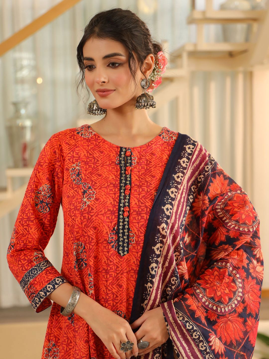 Dhiyona RR Women's Ethnic Motifs Printed Regular Pure Cotton Kurta with Trousers & With Dupatta
