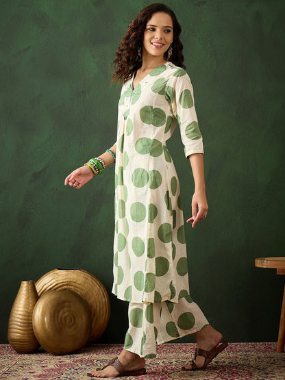 Green Dot Embroidered Pure Cotton Sequinned A-line Kurta With Trouser