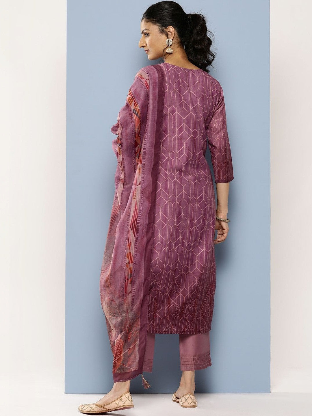 Women Printed Regular Thread Work Kurta with Trousers & With Dupatta
