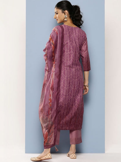 Women Printed Regular Thread Work Kurta with Trousers & With Dupatta