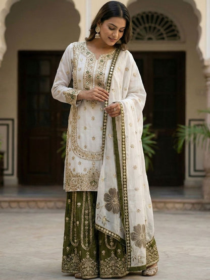 Dhiyona KL Women Ethnic Motifs Embroidered Regular Thread Work Kurta with Sharara & With Dupatta