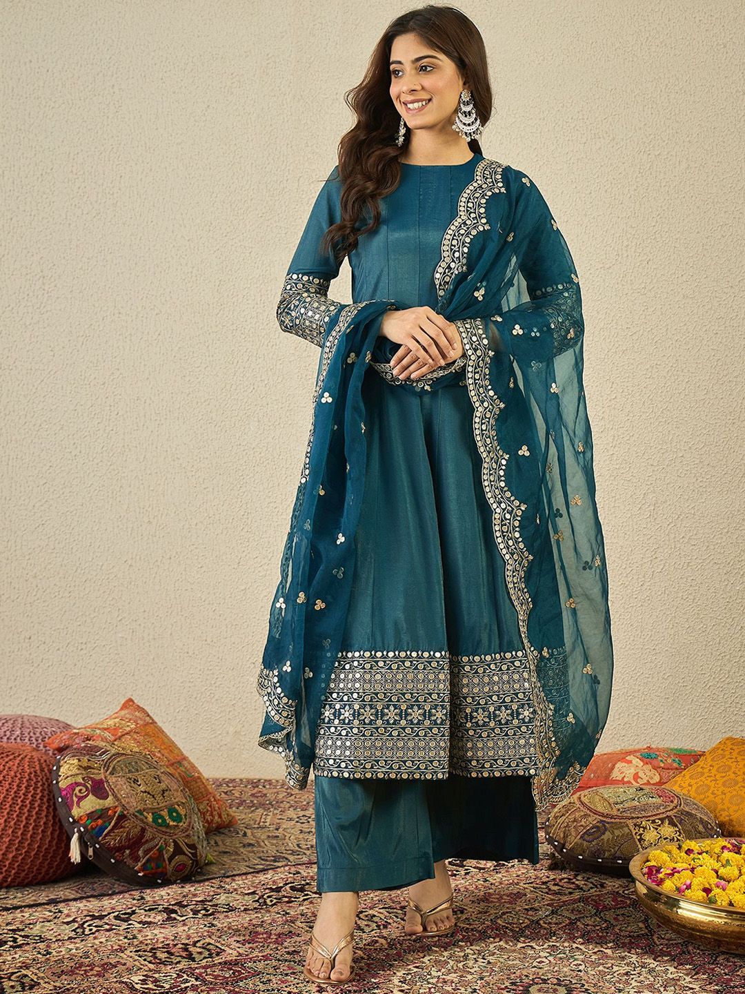 Dhiyona IN Women Ethnic Motifs Embroidered Kurta with Palazzo & Dupatta