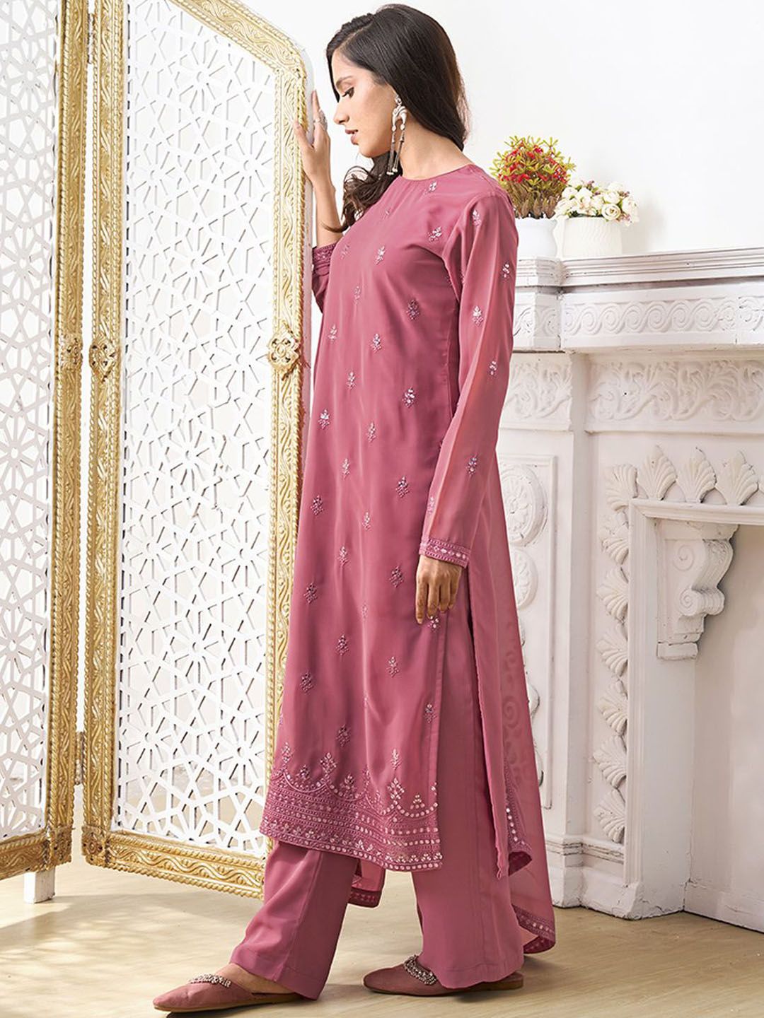 Dhiyona IN Women Ethnic Motifs Embroidered Regular Sequinned Kurta with Palazzos & With Dupatta