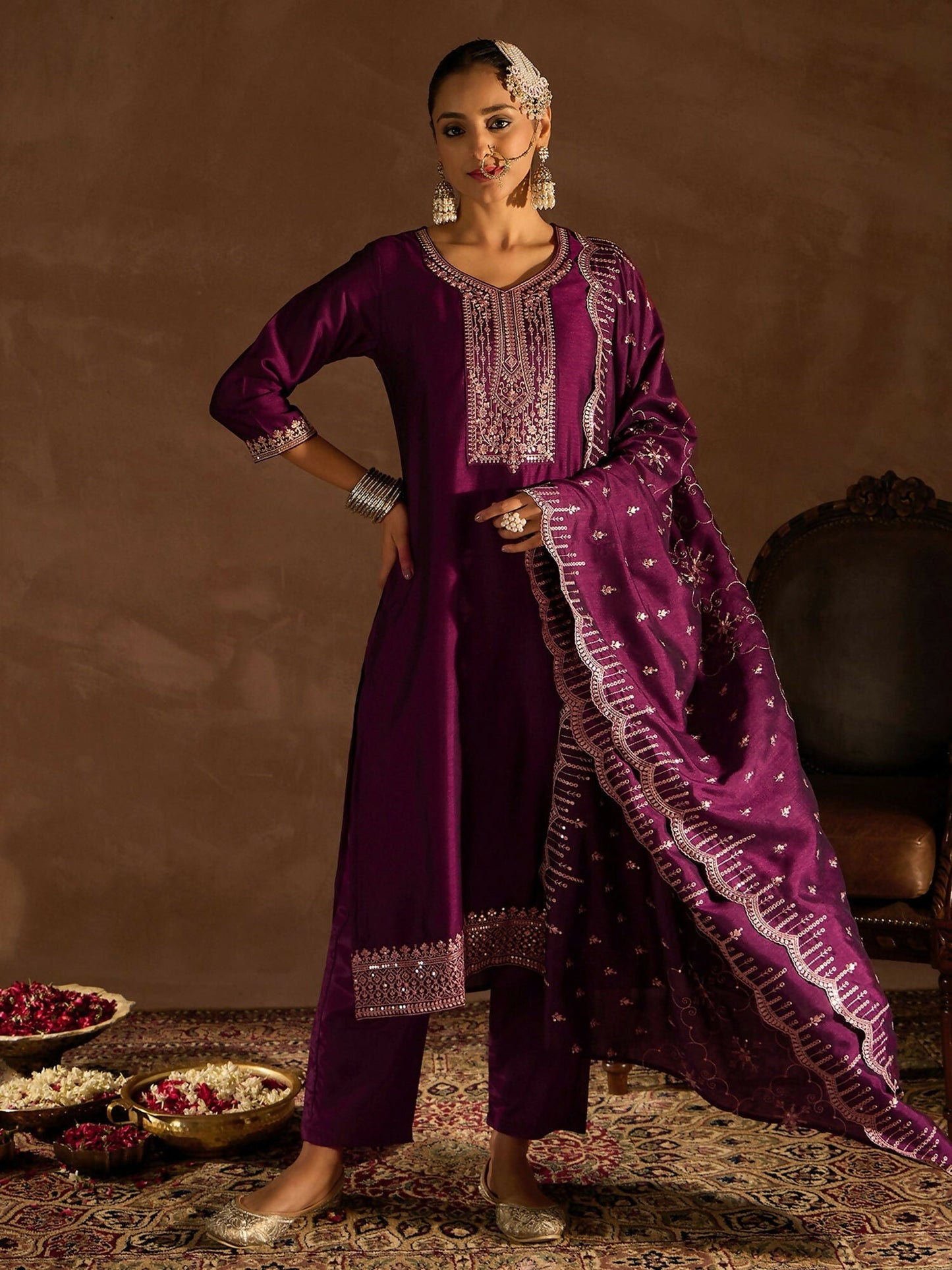 Women's Burgundy Ethnic Motifs Embroidered Sequinned Kurta with Trousers & With Dupatta