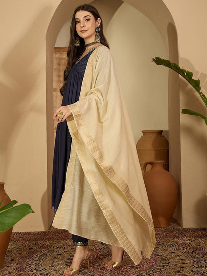 Women Navy Blue Pure Silk Kurta Sets