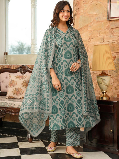 Dhiyona KL Ethnic Motifs Printed V-Neck Straight Kurta With Trousers & Dupatta