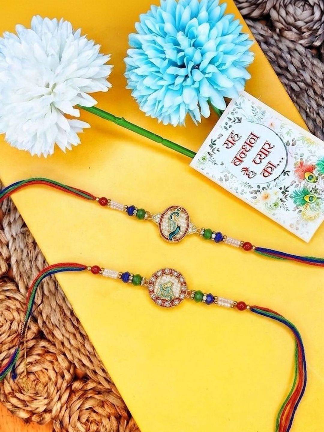 Dhiyona Set Of 2 Multicolor Peacock Design Rakhi With Roli Chawal Chandan Mishri