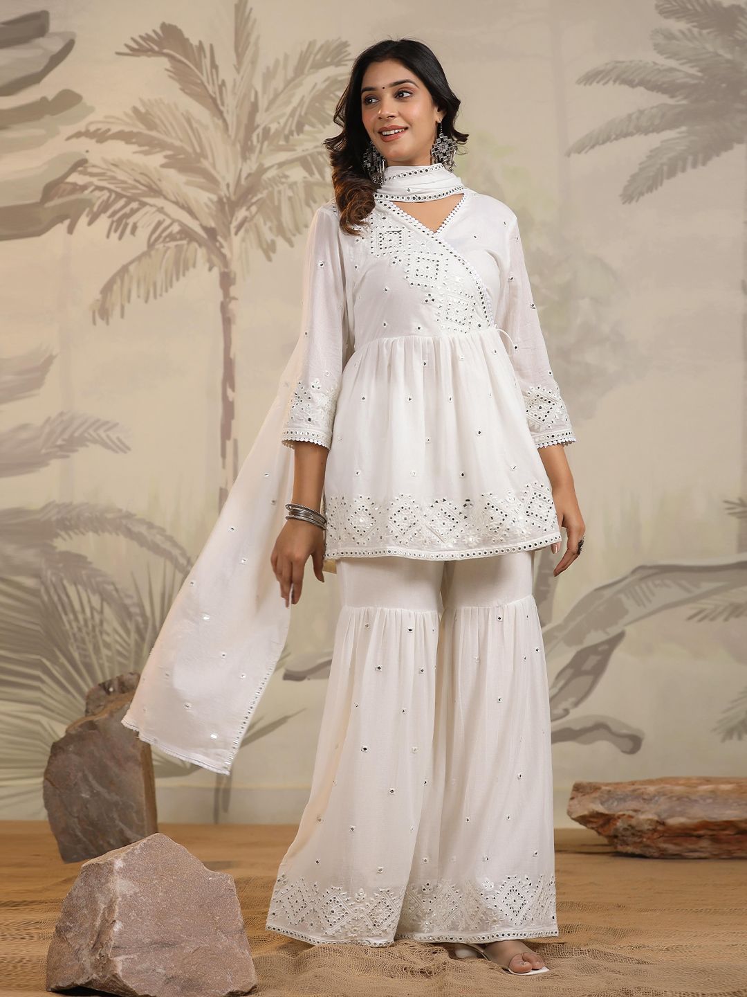 Dhiyona SC Women Mulmul Mirror Embroidered Pure Cotton Peplum Kurta- Sharara & Dupatta Set