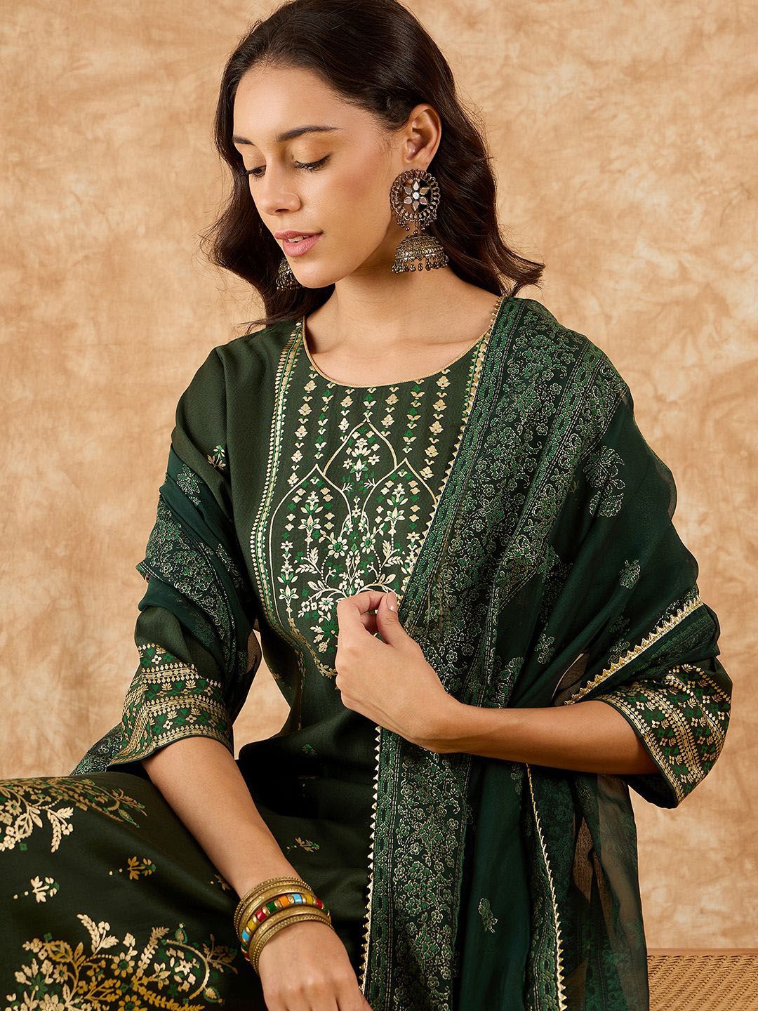 Dhiyona IE Ethnic Motifs Printed Straight Liva Kurta with Palazzos & Dupatta