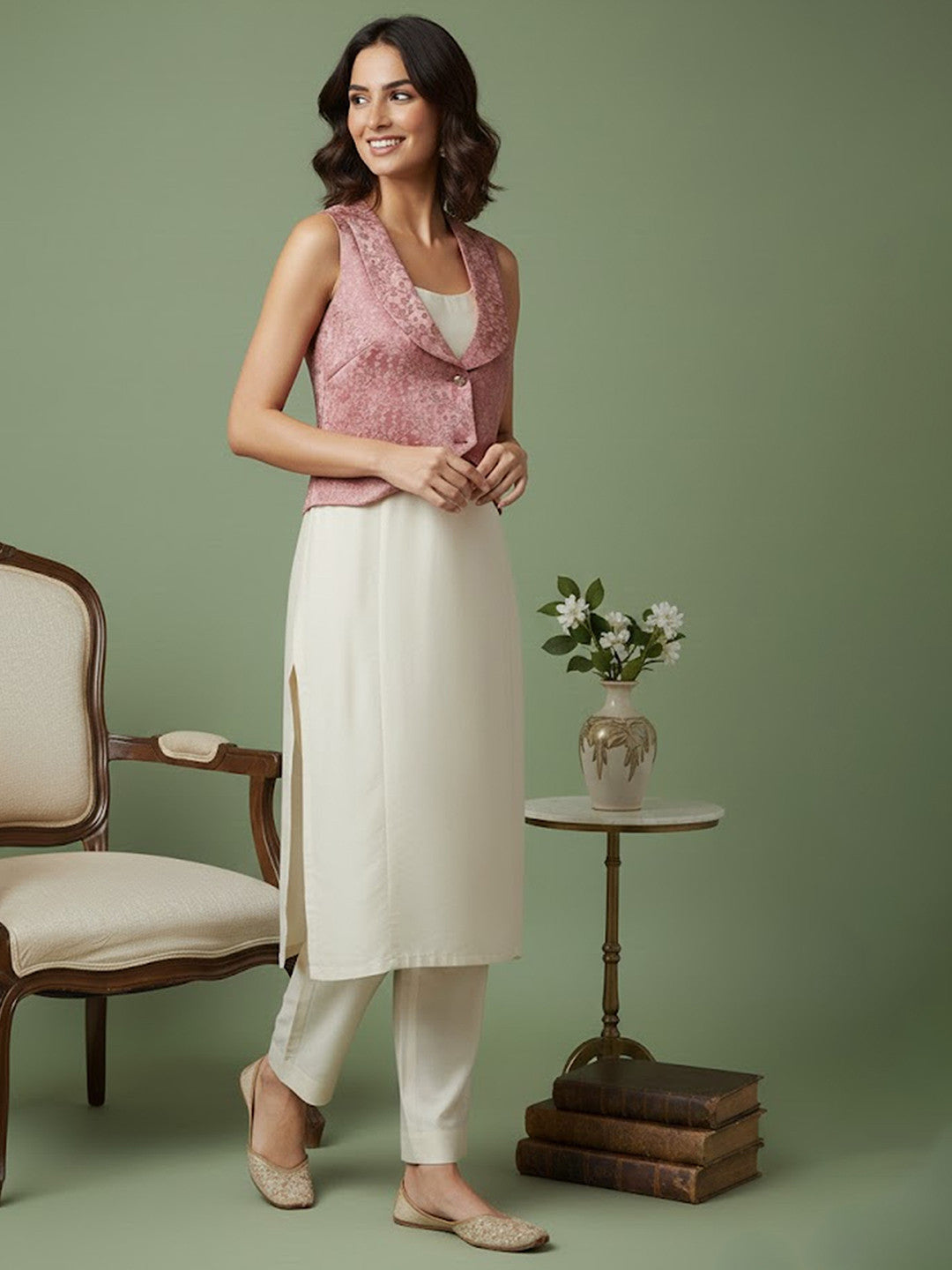 Solid Kurta with Jacquard Jacket &Trouser