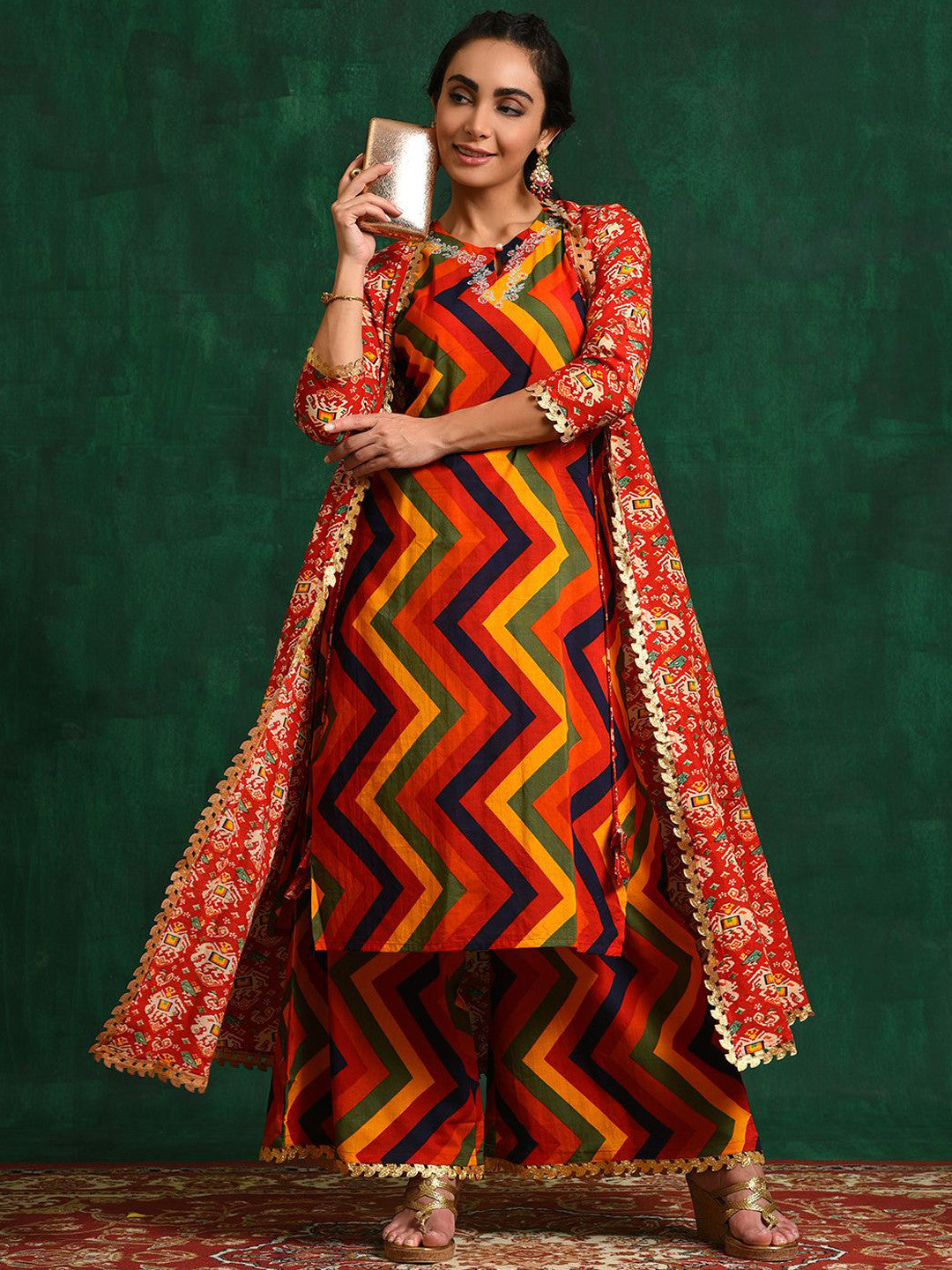 Red Chevron Printed Pure Cotton A-Line Kurta & Trousers With Jacket