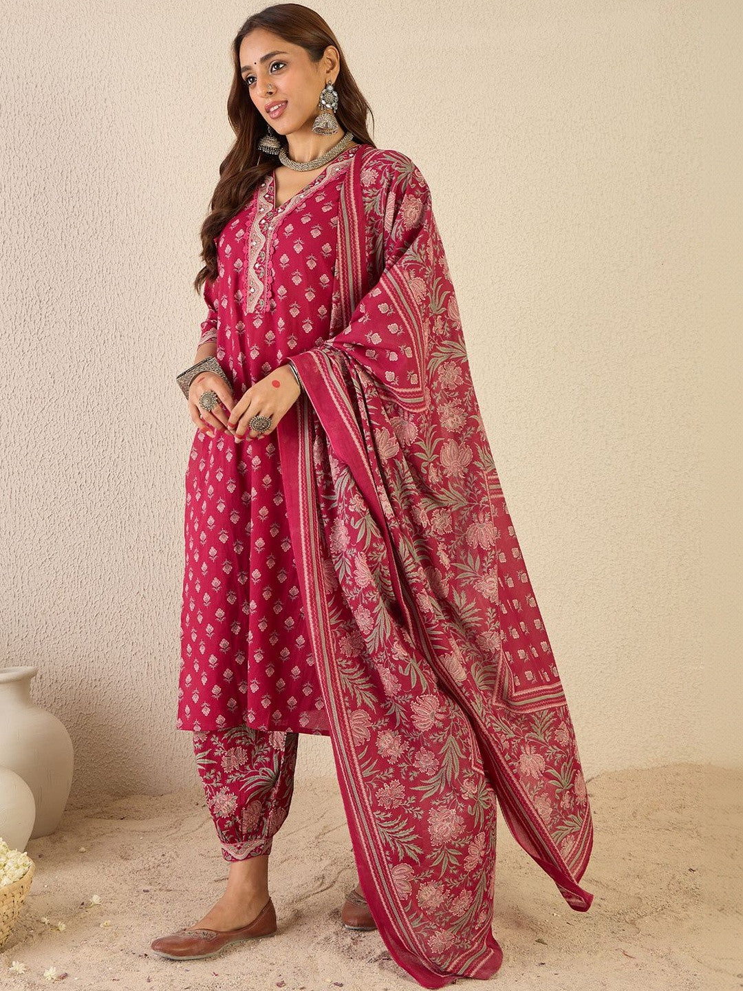 Women Ethnic Motifs Printed Regular Beads and Stones Pure Cotton Kurta with Patiala & With Dupatta