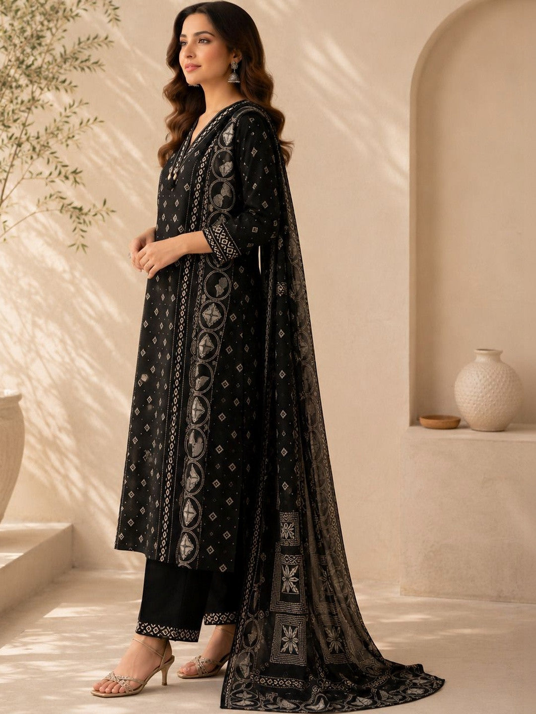 Women Ethnic Motifs Printed Regular Thread Work Pure Cotton Kurta with Trousers & With Dupatta
