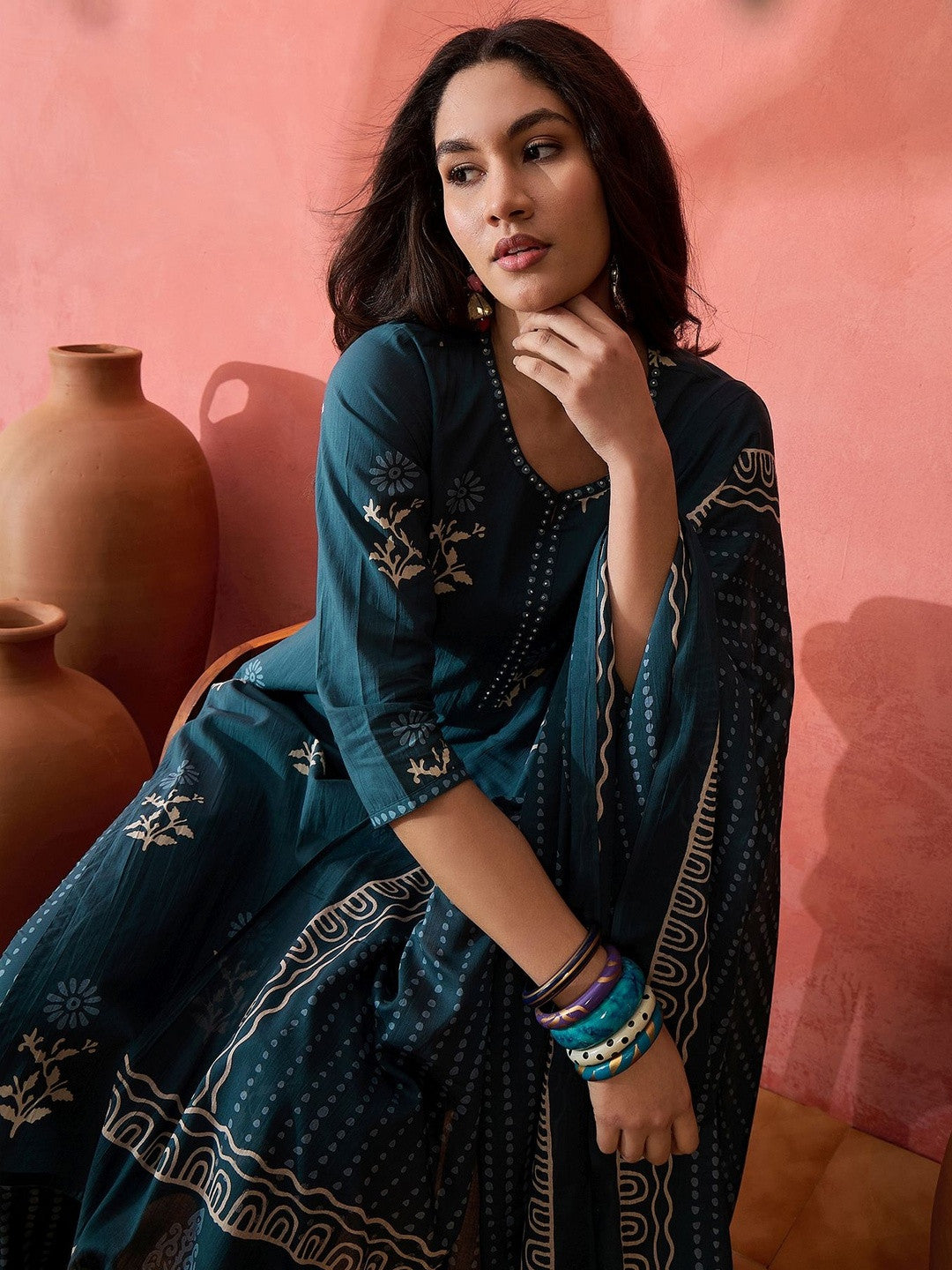 Dhiyona SN Printed Pure Cotton Round Neck Kurta & Trousers Kurta Set