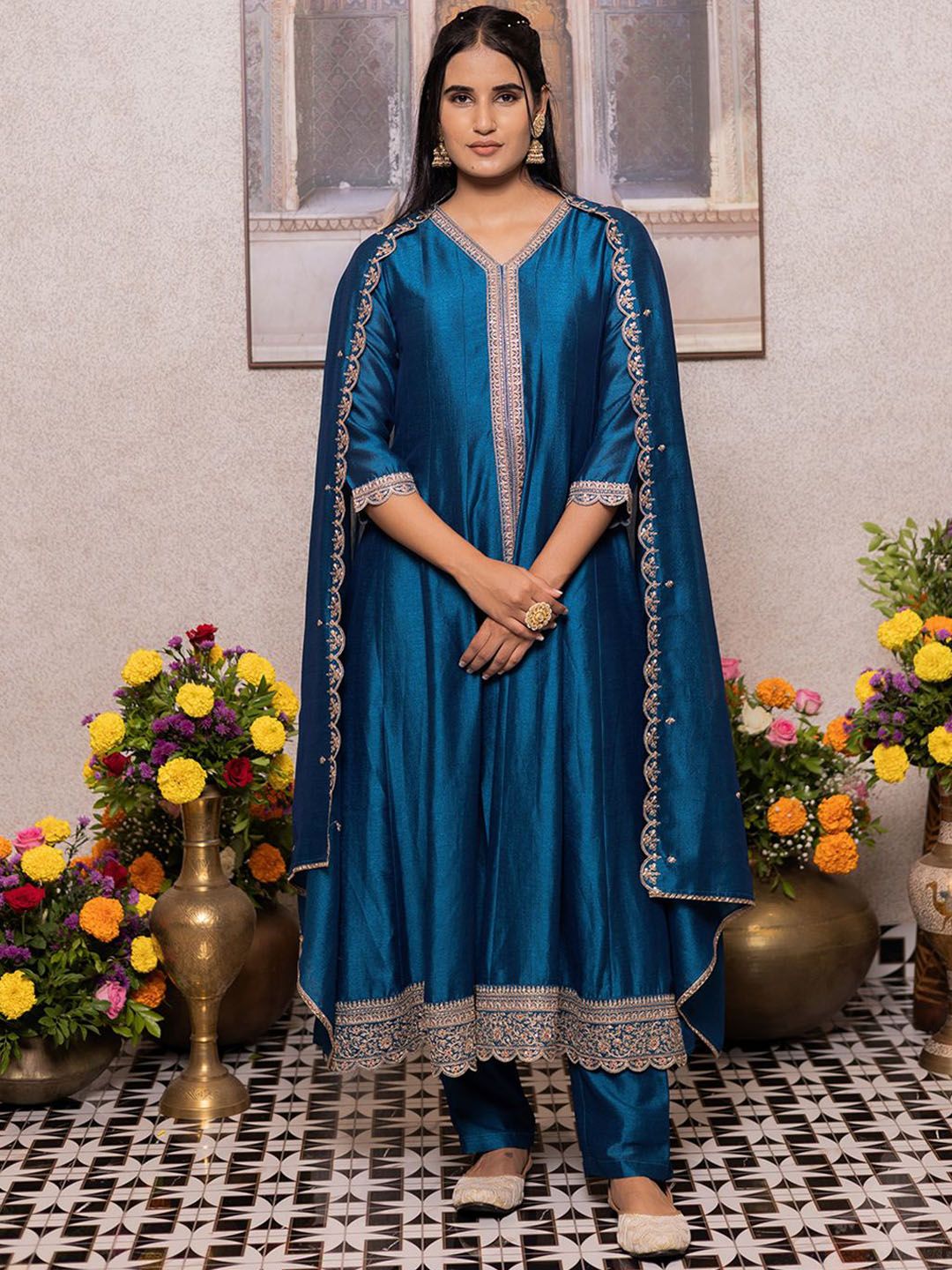 Dhiyona CH Women Floral Embroidered A-Line Kurta with Trousers & Dupatta