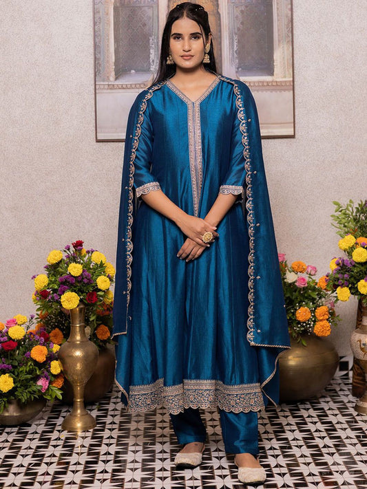 Dhiyona CH Women Floral Embroidered A-Line Kurta with Trousers & Dupatta