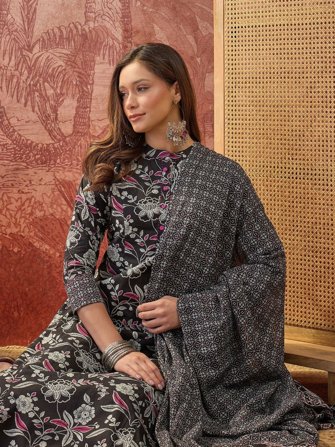 Dhiyona SN Printed Pure Cotton Mandarin Collar Kurta & Trousers Kurta Set