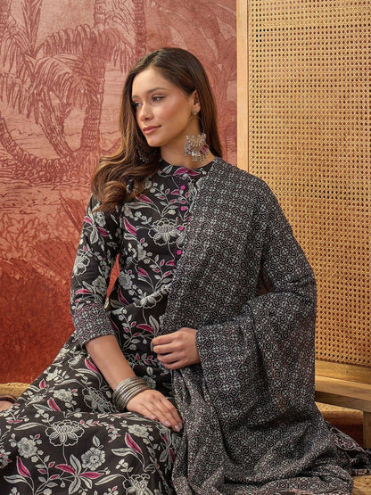 Printed Pure Cotton Mandarin Collar Kurta & Trousers Kurta Set
