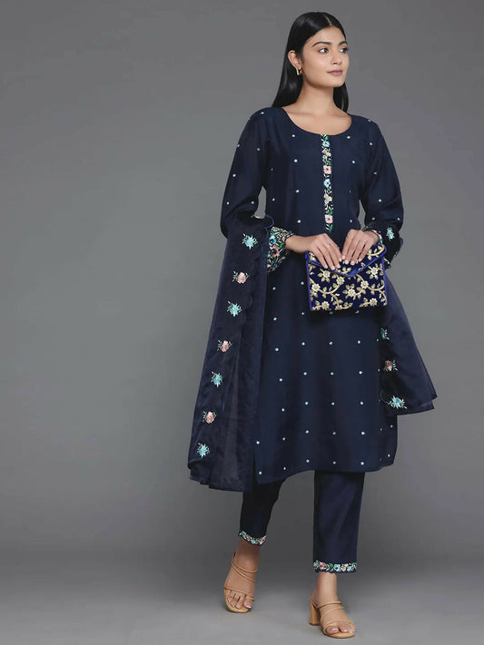 Women's LB Blue Embroidered Silk Blend Straight Suit With Dupatta