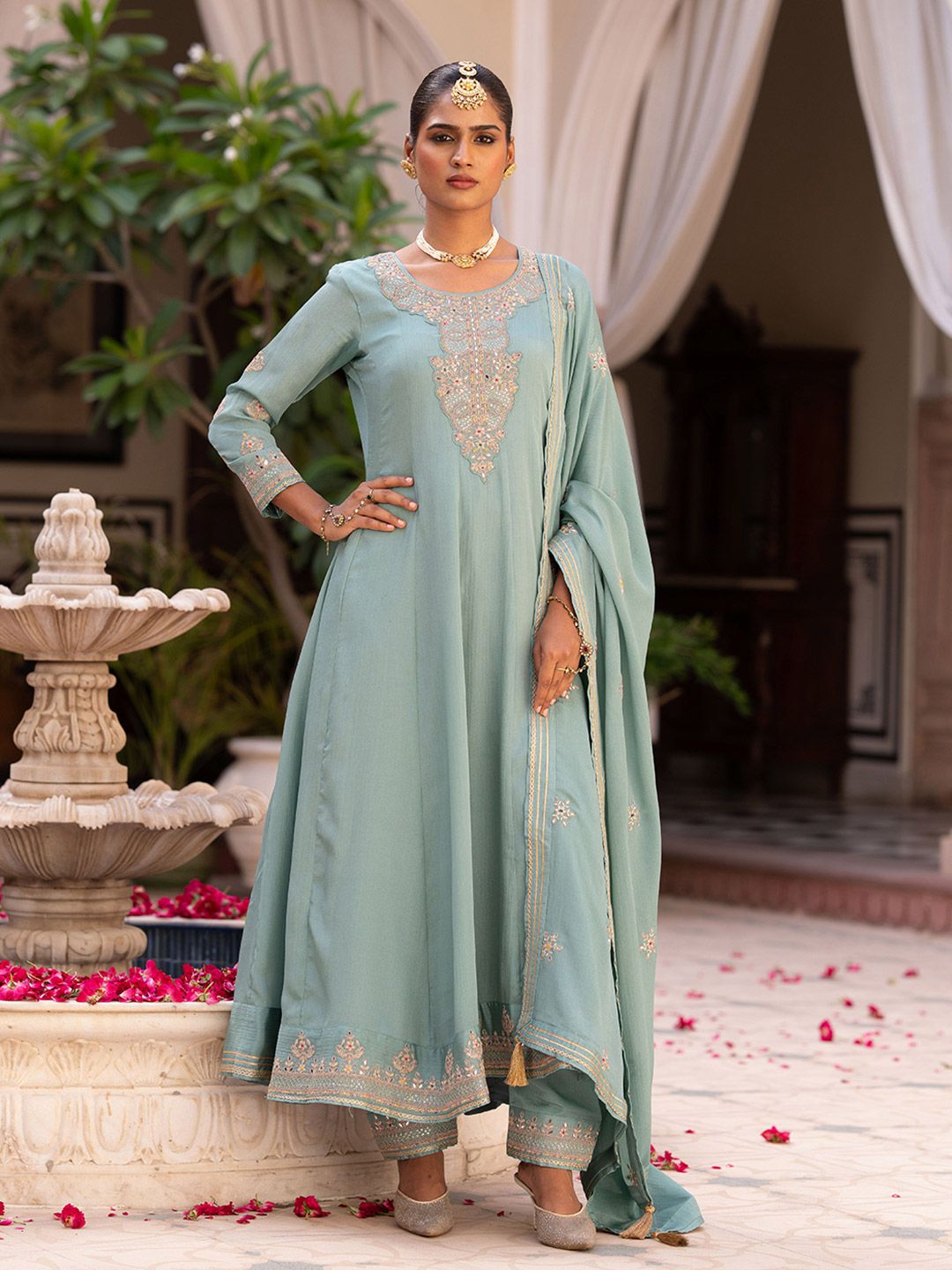 Dhiyona CH Floral Embroidered Mirror Work Chinon Anarkali Kurta With Trousers & Dupatta