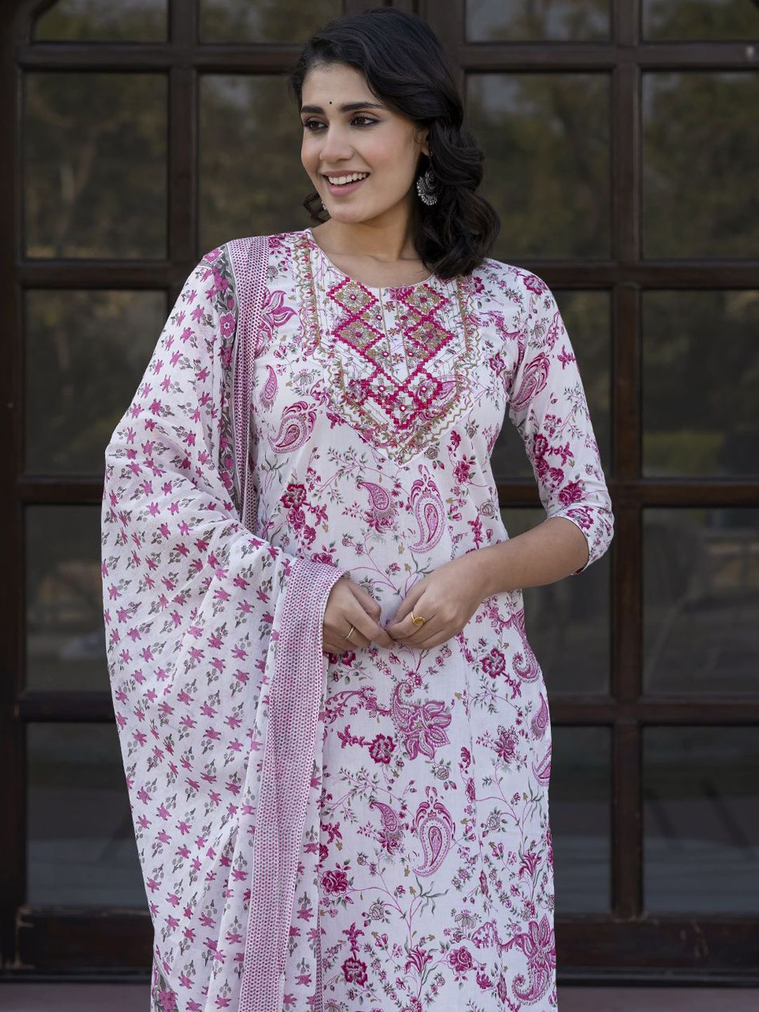 Dhiyona KL Paisley Printed Mirror Work Straight Pure Cotton Kurta With Trousers & Dupatta