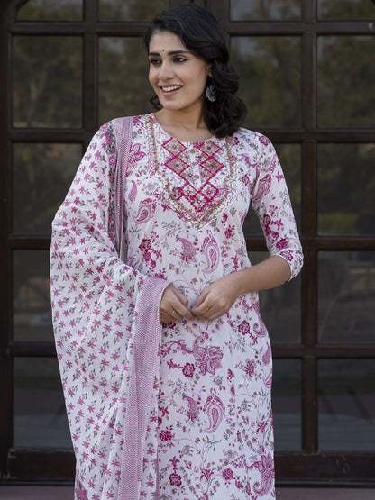Dhiyona KL Paisley Printed Mirror Work Straight Pure Cotton Kurta With Trousers & Dupatta