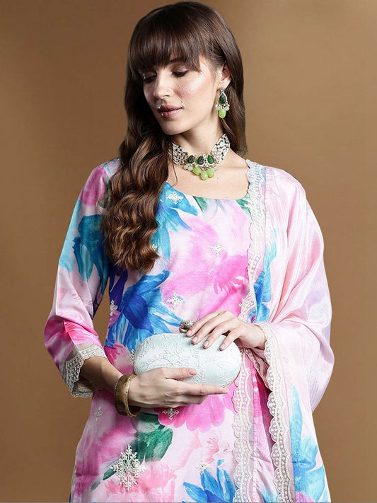 Women Floral Printed Regular Thread Work Kurta with Trousers & With Dupatta