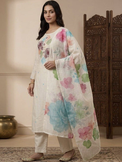 Embroidered Pure Cotton Round Neck Kurta & Trousers With Dupatta