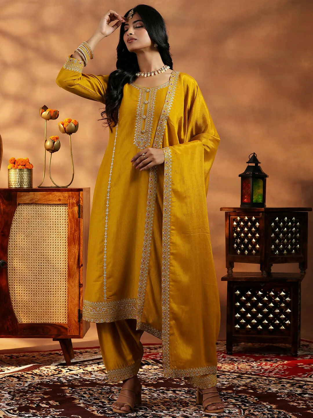 Women's LB Mustard Embroidered Silk Blend Straight Suit With Dupatta