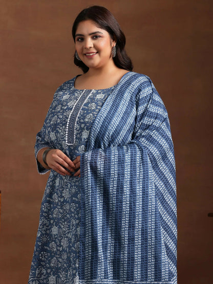 Women's LB Plus Size Blue Printed Cotton Straight Suit With Dupatta