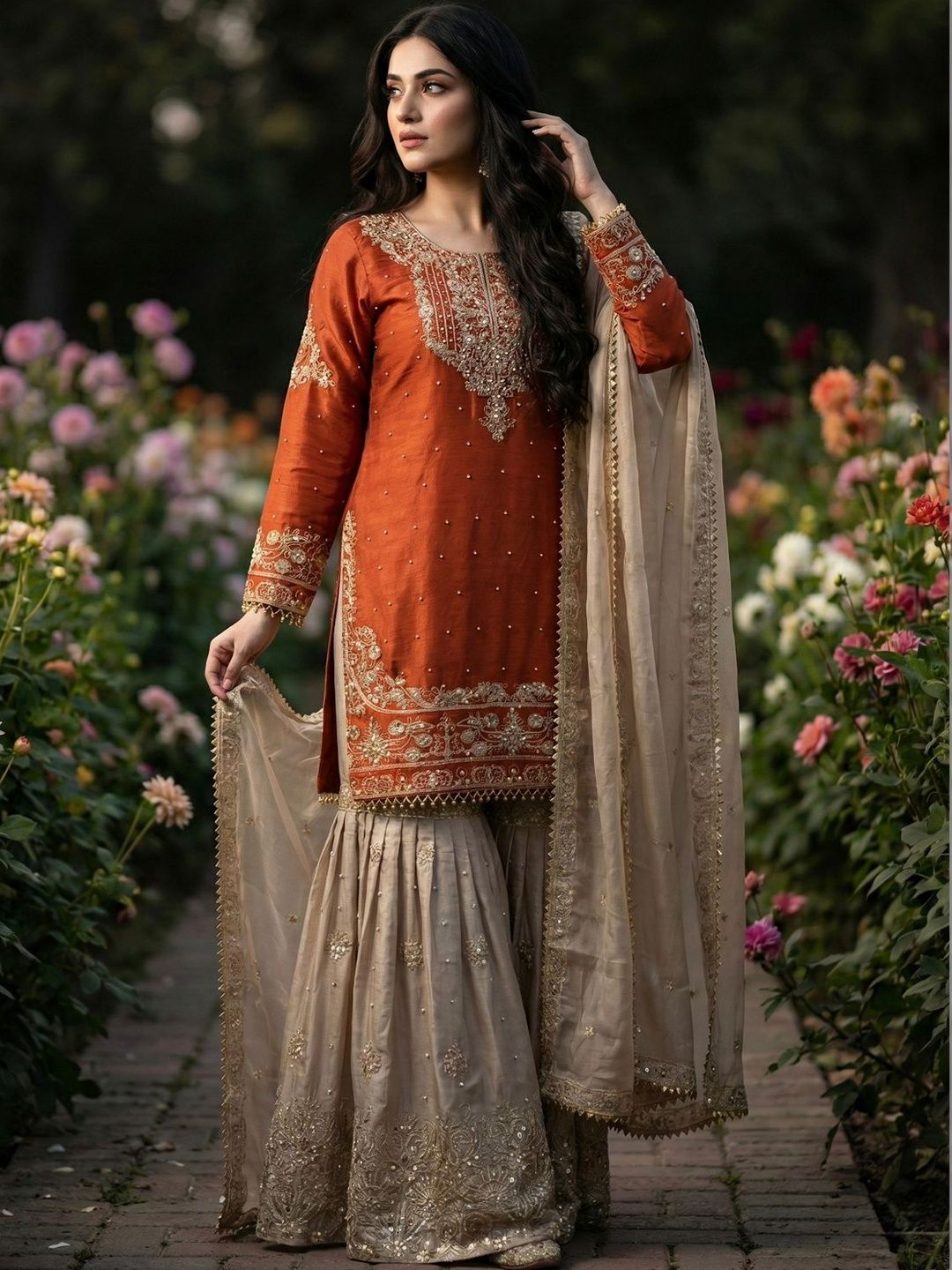 Dhiyona KL Women Ethnic Motifs Embroidered Regular Sequinned Kurta with Sharara & With Dupatta