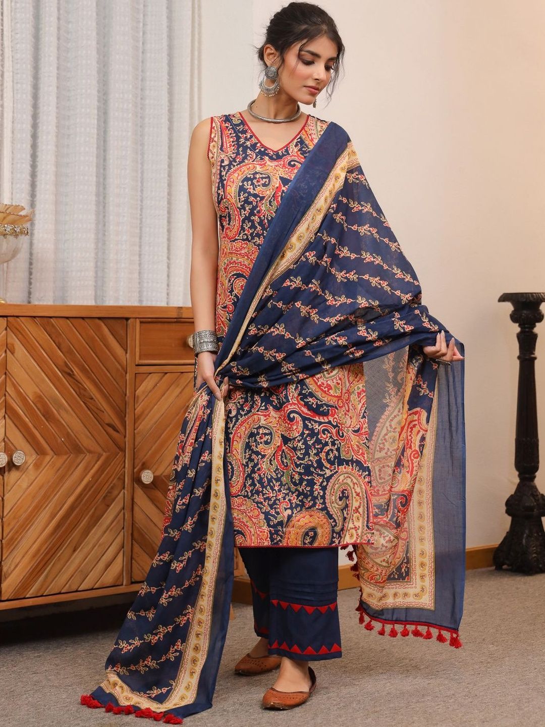 Dhiyona RR Women's Ethnic Motifs Printed Regular Pure Cotton Top with Trousers & With Dupatta