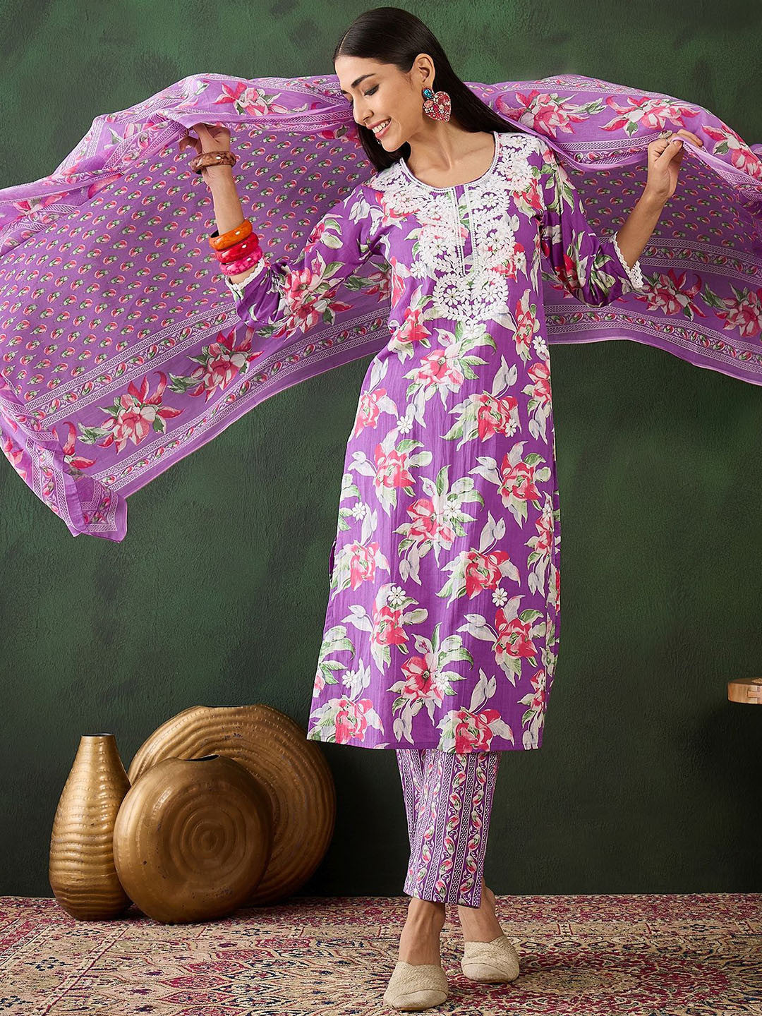 Floral Printed Thread Work Pure Cotton Kurta With Trousers & Dupatta