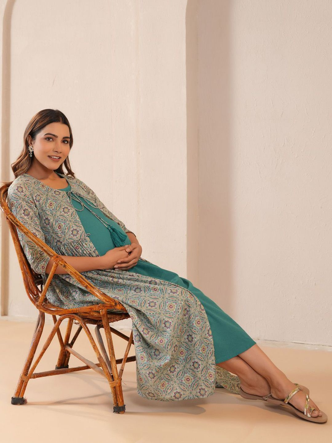 Dhiyona AY Women's Printed Fit & Flared Maternity Ethnic Dresses With Jacket