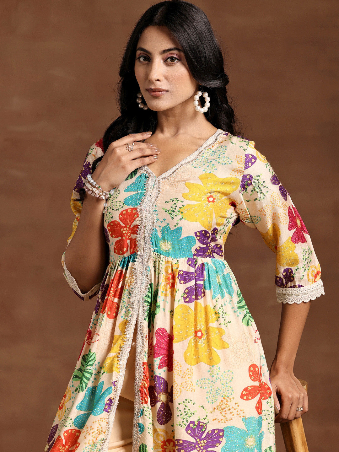 Women Floral Printed Angrakha Kurta with Trousers