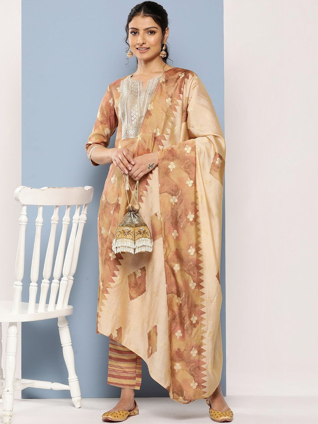 Women Ethnic Motifs Printed Regular Sequinned Kurta with Trousers & With Dupatta