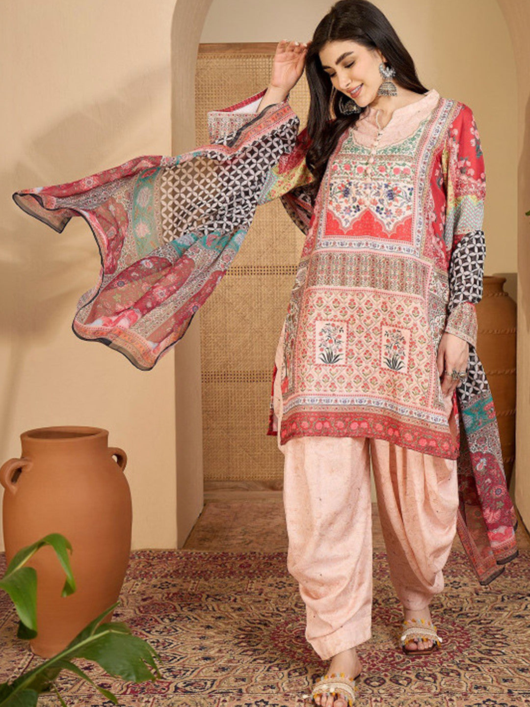 Dhiyona SN Printed Wool Round Neck Kurta & Trousers with Dupatta set