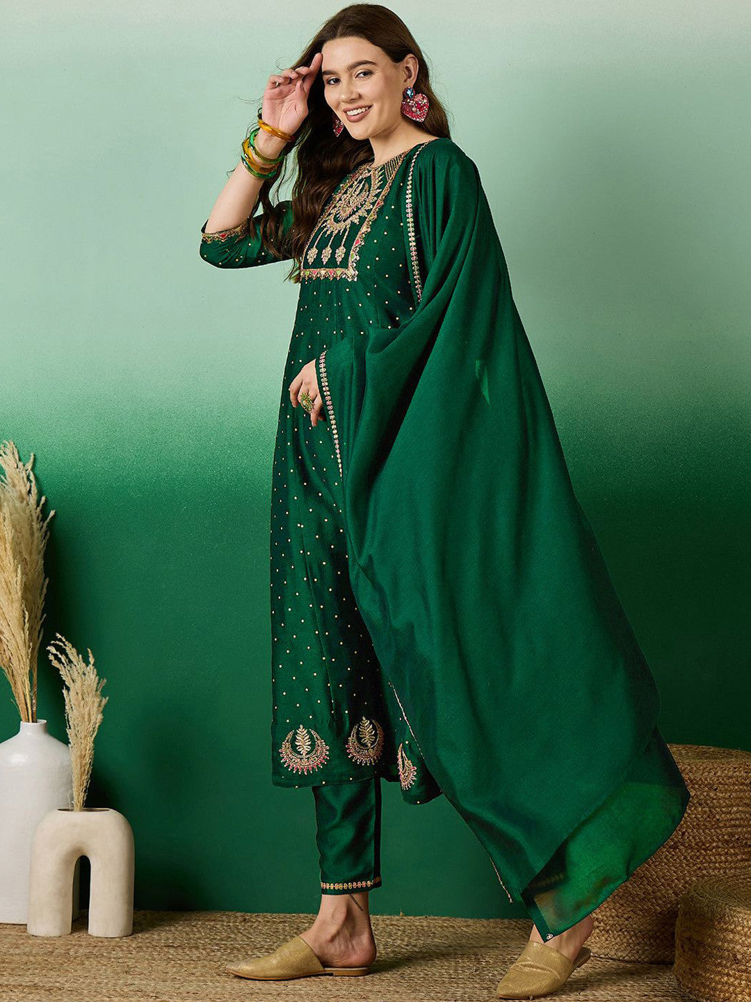 Green floral Embroidered A-Line Kurta & Trousers With Dupatta