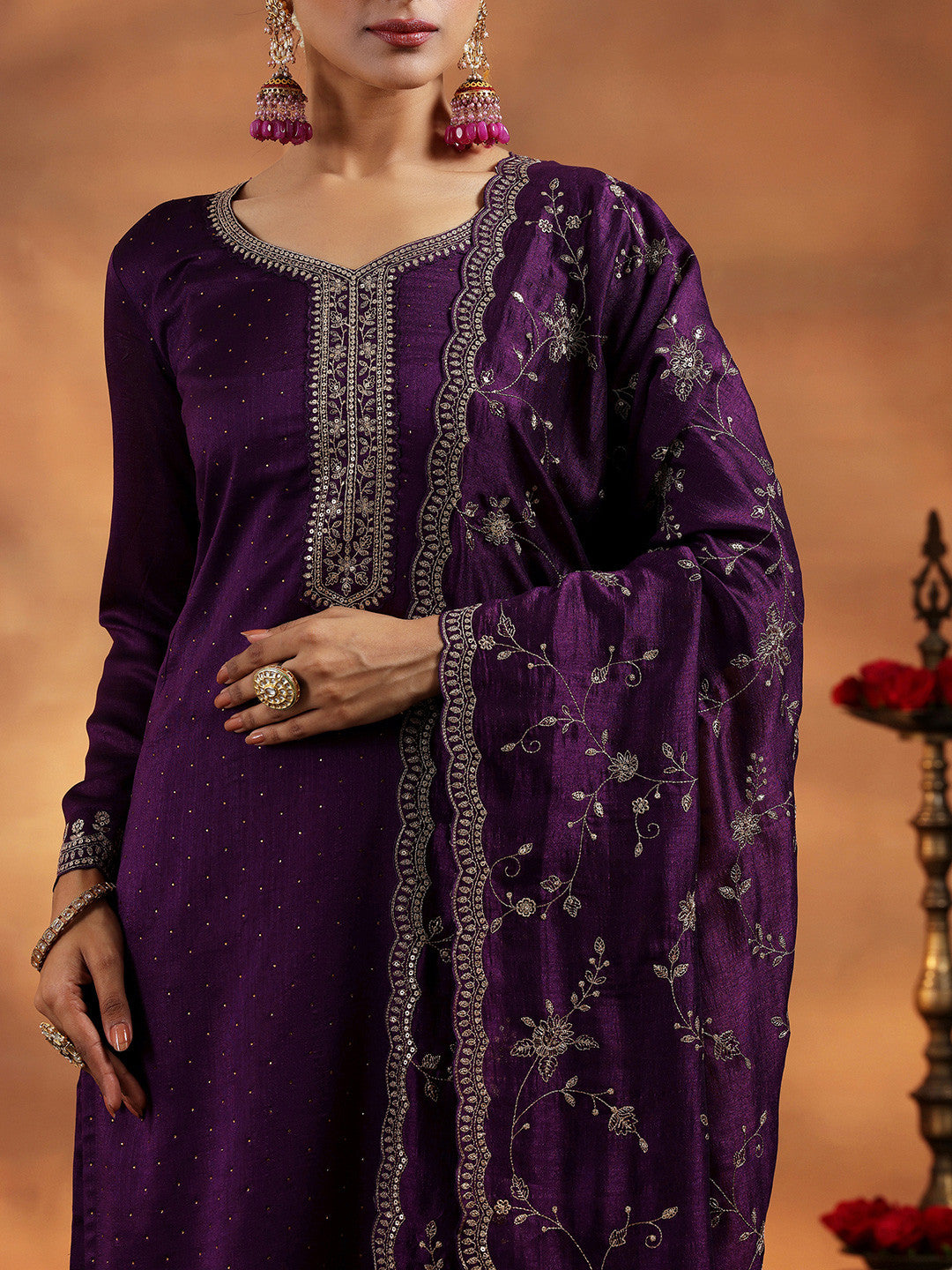 Women Floral Embroidered Regular Beads and Stones Kurta with Palazzos & With Dupatta