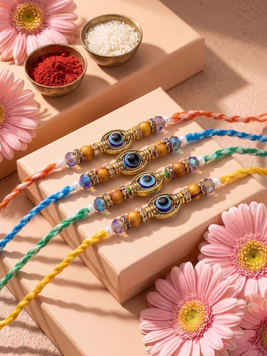 Dhiyona Set Of 4 Multicolor Evil Eye Thread Rakhi With Roli Chawal Chandan Mishri