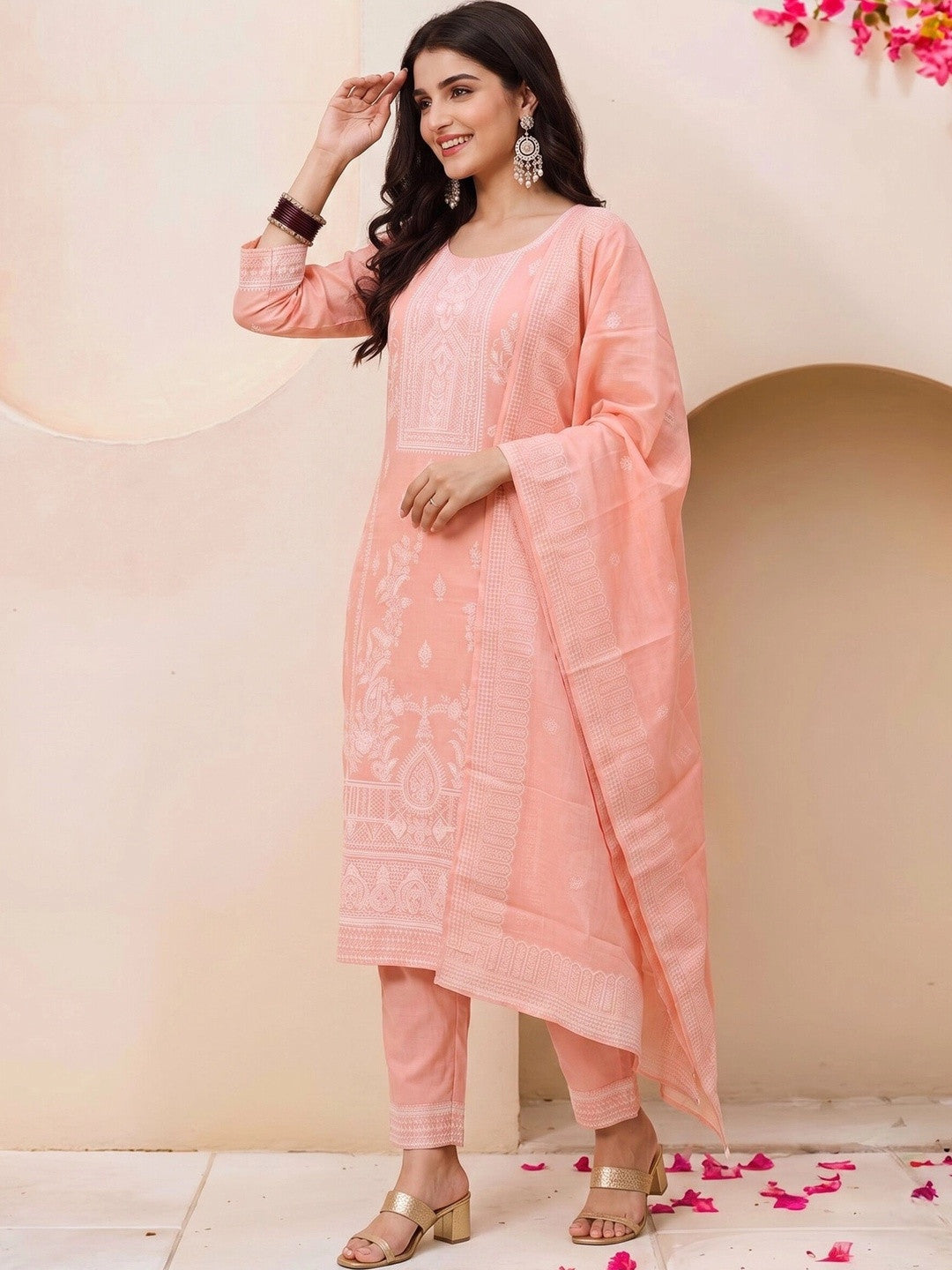 Women Ethnic Motifs Embroidered Regular Thread Work Pure Cotton Kurta with Trousers & With Dupatta