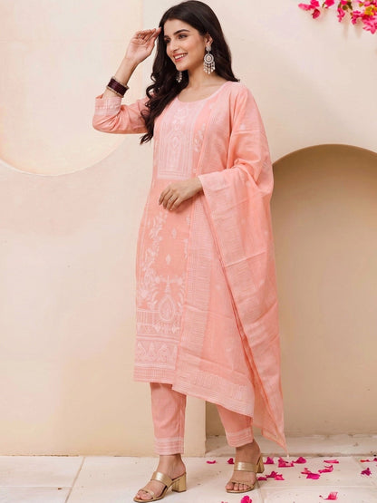 Women Ethnic Motifs Embroidered Regular Thread Work Pure Cotton Kurta with Trousers & With Dupatta