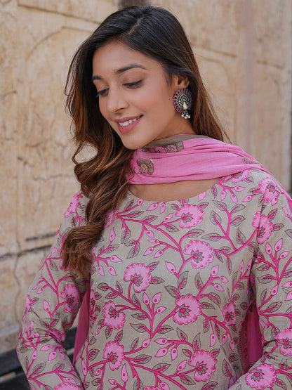 Dhiyona KL Floral Printed Pure Cotton Kurta With Trousers & Dupatta