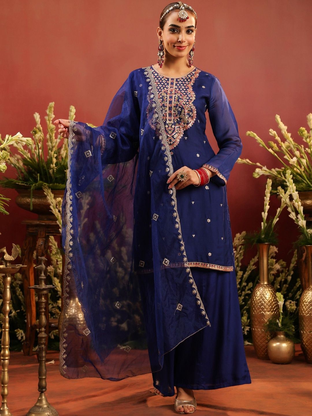 Dhiyona SC Women Midnight Blue Organza Silk Embroidered Sharara Set